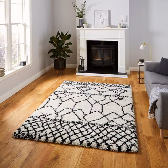 Think Rugs Scandi Berber G276 Moroccan Style Rectangular Rug in White and Black