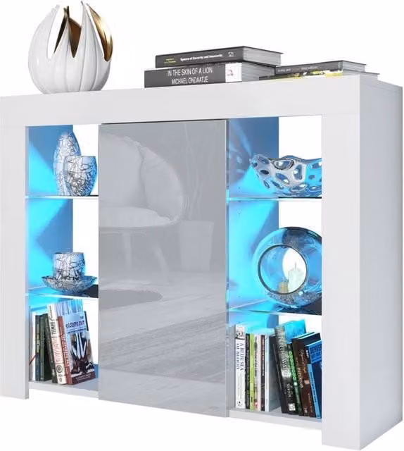 PAWNORA Modern White Sideboard Display Cabinet with Glass Doors and Integrated Lighting