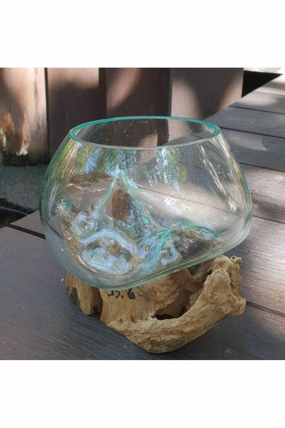 KDMD Handmade Molten Glass on Wood Bowl in Transparent Clear – 3