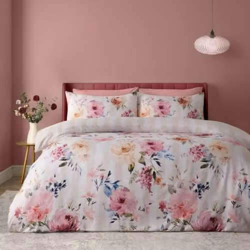 Catherine Lansfield Floral Stripe So Soft Reversible Microfibre Duvet Cover and Pillowcase Set, Cream/Beige, W/D/H: 200 x 200 cm and 50 x 75 cm