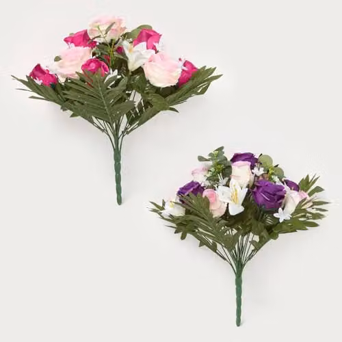 HOMESCAPES Mixed Floral Bouquet Set of 2, Pink, Purple, White and Green Textile Flowers