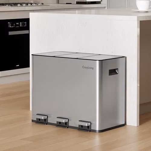 MCC Direct 45L Silver Stainless Steel Kitchen Recycling Pedal Bin with Soft-Close Lids and Removable Inner Buckets – 3
