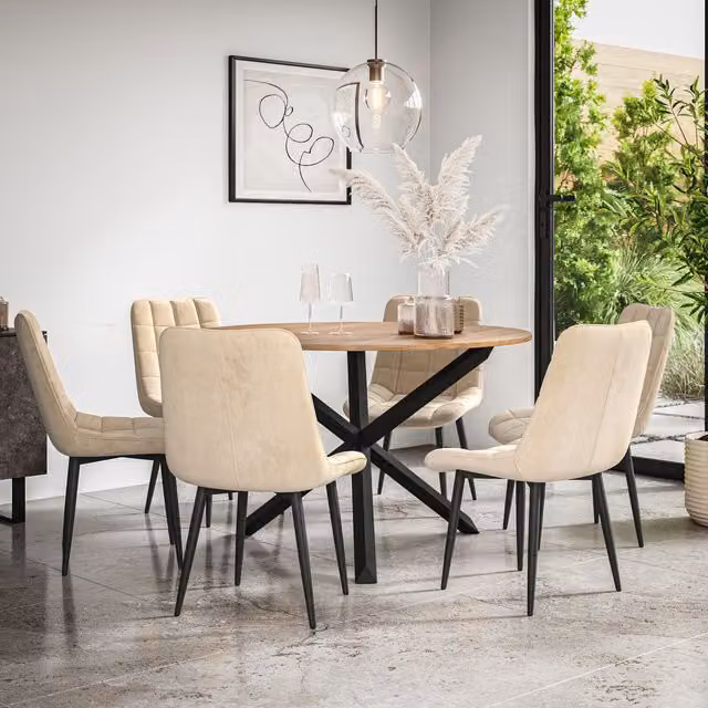 More4Homes Malvern Round Dining Table and 6 Nova Beige Velvet Chairs Set with Oak Top and Black Legs, Diameter: 120 cm, Height: 75 cm