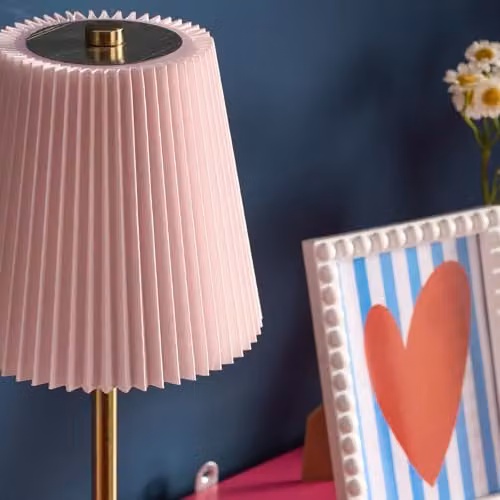 OHS Pink Fabric Pleated LED Cordless Rechargeable Table Lamp with Touch Control – 2