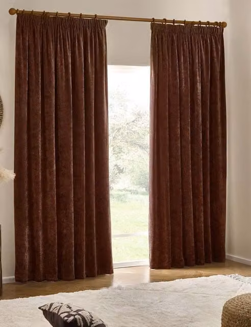 YARD Chocolate Brown Chenille Velvet Pencil Pleat Opaque Curtains H: 229 cm, W: 168 cm