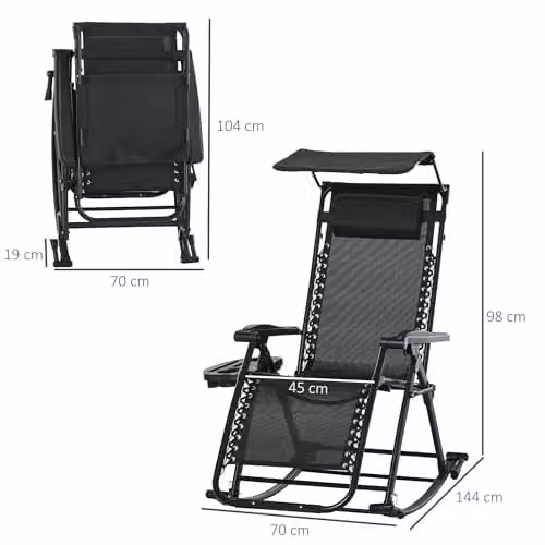 Outsunny Black Folding Recliner Garden Rocking Chair with Sun Canopy, Adjustable Headrest and Side Tray – 3