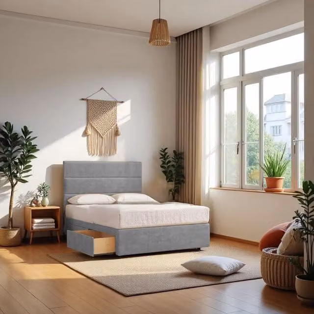 Knight Sleep York Plush Velvet Divan Storage Bed with 4 Drawers and Headboard in Silver, W/D/H: 200 x 200 cm
