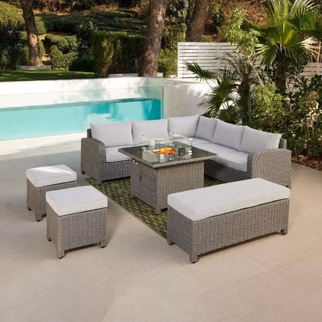 Home Detail Hadley L-Shape 5 Seater Rattan Garden Sofa Set with Fire Pit Table in Grey