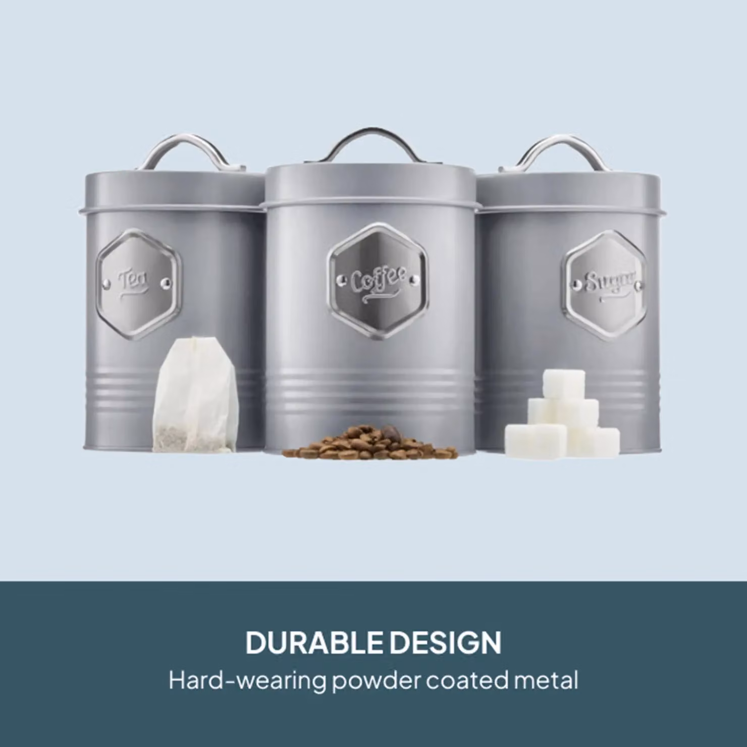 Cooks Professional 3-Piece Airtight Tea, Coffee and Sugar Canister Set in Grey with Silver Labels – 3