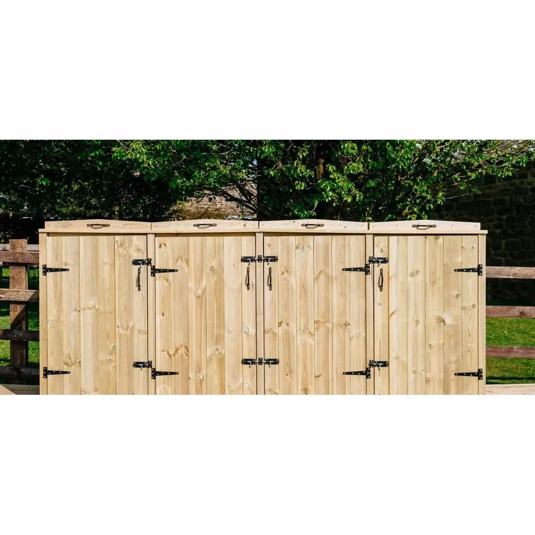 Buttercup Farm Chatburn Brown Wooden Bin Store for 2x 180L/240L Wheelie Bins and 4x Boxes, W/D/H: 261.5 x 121.0 x 120.0 cm – 2