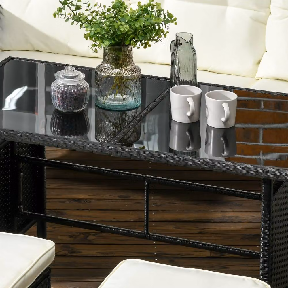 Wyld Haus Coma 6 Piece Black and Beige Rattan Garden Sofa Dining Set with Glass Table – 8