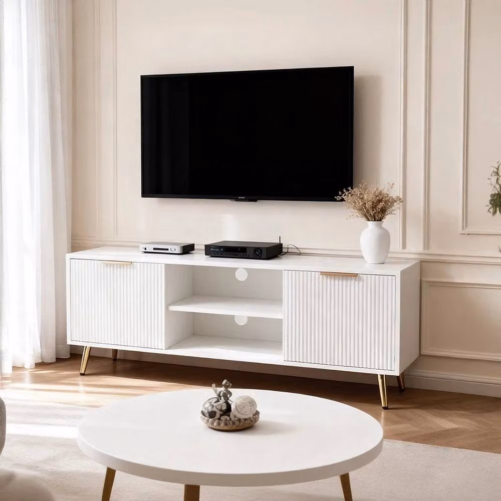 EONLION Modern White MDF TV Stand Cabinet with 2 Open Shelves and Media Compartments, Width: 100 cm – 3