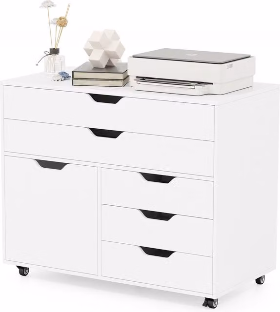 COSTWAY 5-Drawer Chest in White with Castors