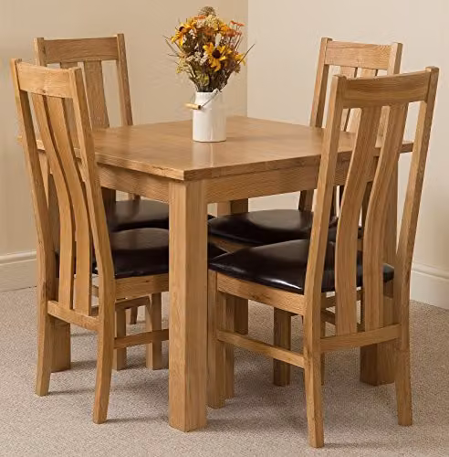 Oak Furniture King Oslo Square Solid Oak Dining Set with 4 Princeton Upholstered Leather Chairs, Brown, W/D/H: 90 x 90 x 77 cm