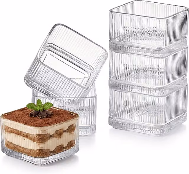 Eden & Willow Set of 6 Stackable Square Ribbed Glass Dip and Dessert Bowls in Transparent