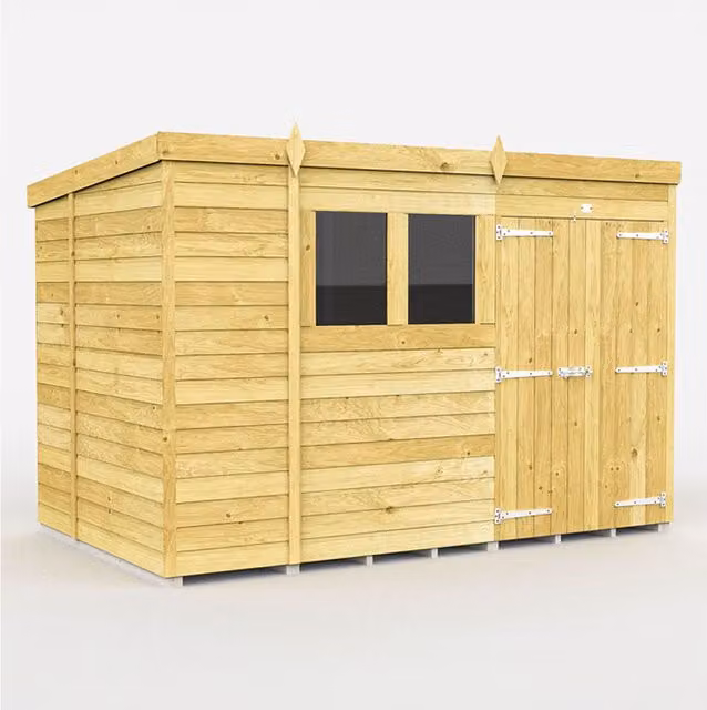DIYSHEDS Pent Shed with Double Doors and Windows, Tanalised Pressure Treated Wood, Green, W: 304.8 cm, D: 304.8 cm, H: 213.36 cm