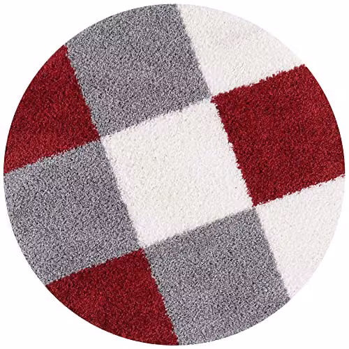 THE RUGS Modern Red and Grey Checked Round Shaggy Area Rug, Diameter: 120 cm – 6