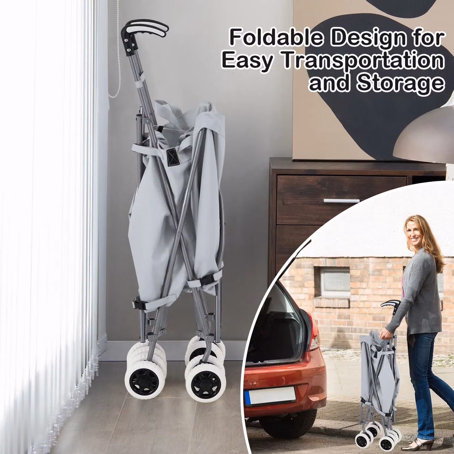Gymax 90L Folding Lightweight Grocery and Utility Shopping Cart, Grey – 4