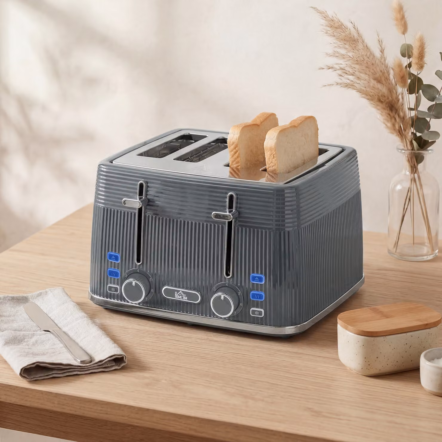HOMCOM 4 Slice Toaster with 7 Browning Levels and Removable Crumb Tray, Grey – 4