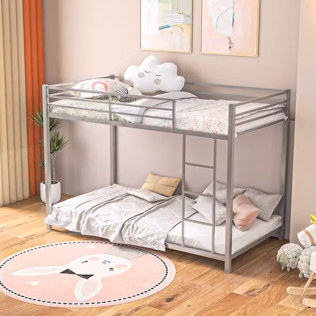 Costway Single Metal Bunk Bed Frame with Ladder and Full-length Guardrails in Silver, 90 x 200 cm