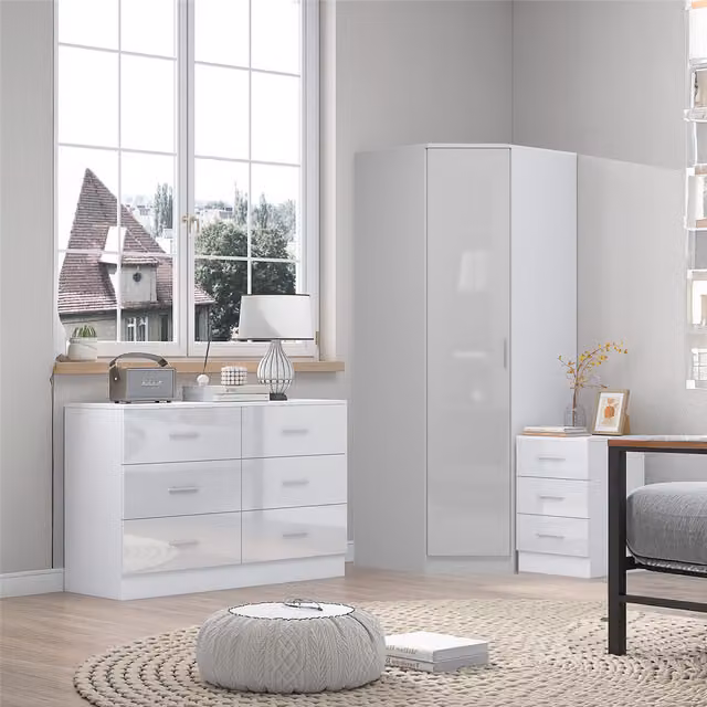 REFLECT Bedroom Furniture Bundle including Corner Wardrobe, Chest of Drawers and 3 Drawer Bedside Table in White Gloss and Matt White