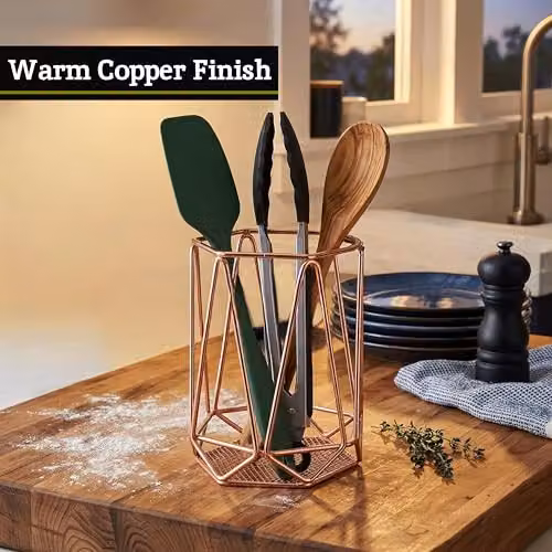 Premier Housewares Metal Utensil Holder in Copper and Pink Finish – 5