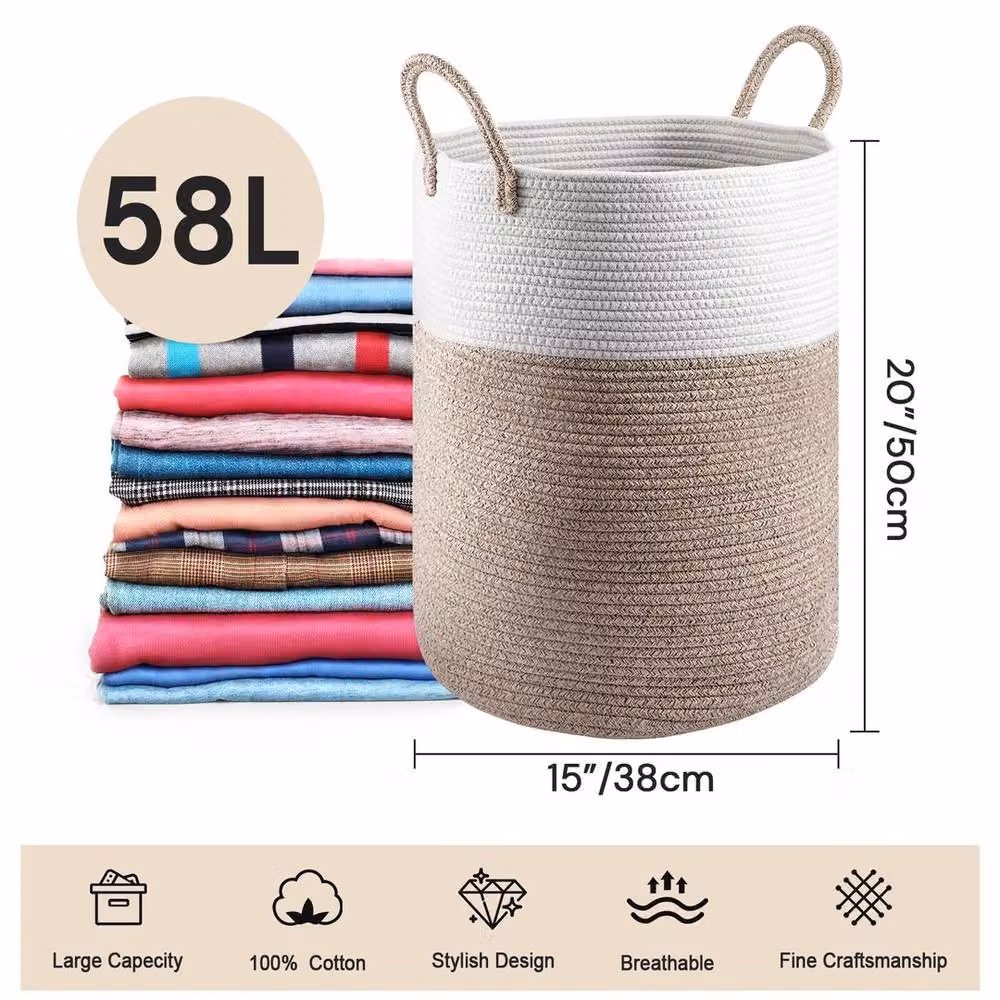 NESTLUNE Brown Cotton Rope Woven Storage Basket, 58L, Collapsible – 2