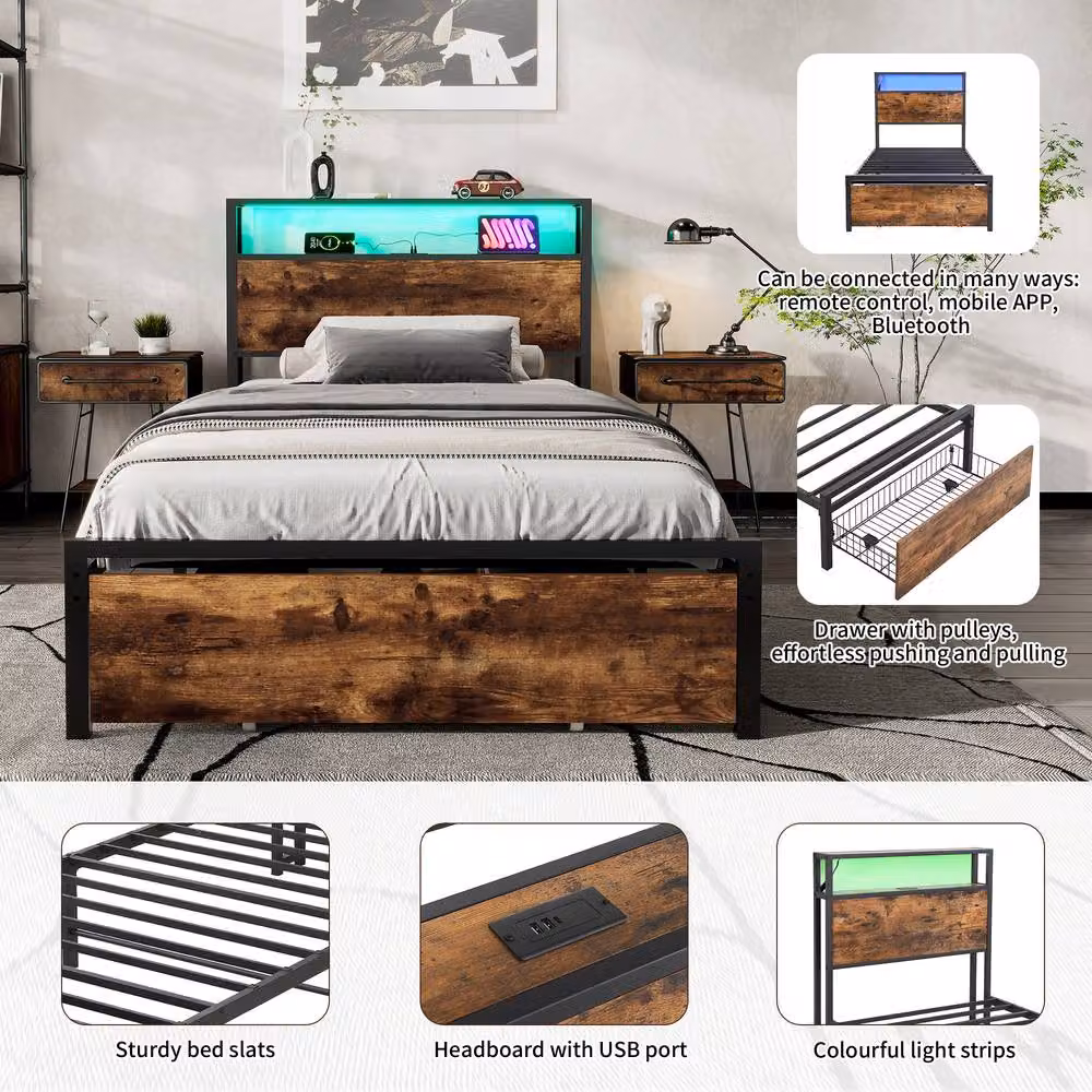BTM Metal Bed with LED Under-Bed Lighting, USB Charging Ports and Storage Drawers in Walnut and Black, W/D/H: 140 x 200 cm – 6