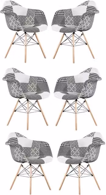 Life Interiors Set of 6 Chrono Patchwork Eiffel Tub Dining Chairs in Black, White and Multicolour with Wooden Legs and Metal Frame