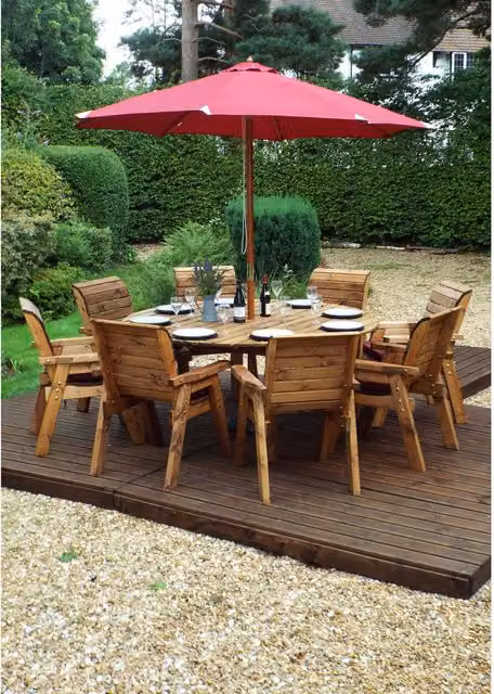 Charles Taylor Eight Seater Circular Garden Table Set with Accessories in Burgundy Red Oiled Wood