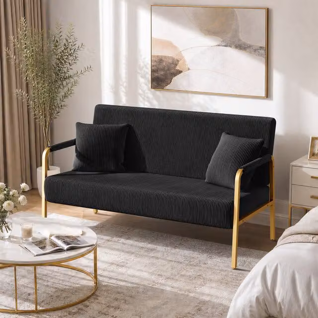 Yaheetech Modern 2-Seater Corduroy Upholstered Sofa with Gold Metal Frame, Black