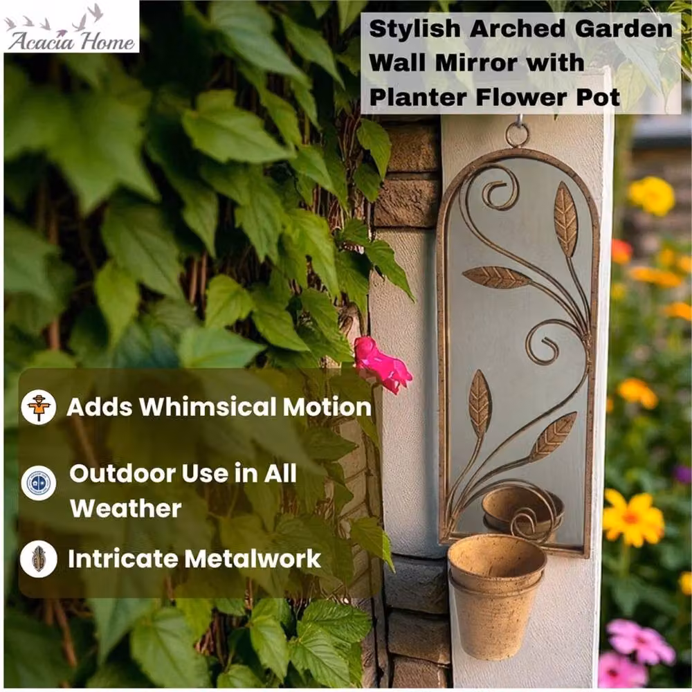Nordara Rusty Metal Arched Garden Mirror with Floral Planter Pot in Brown, H 100 cm x W 15 cm – 3