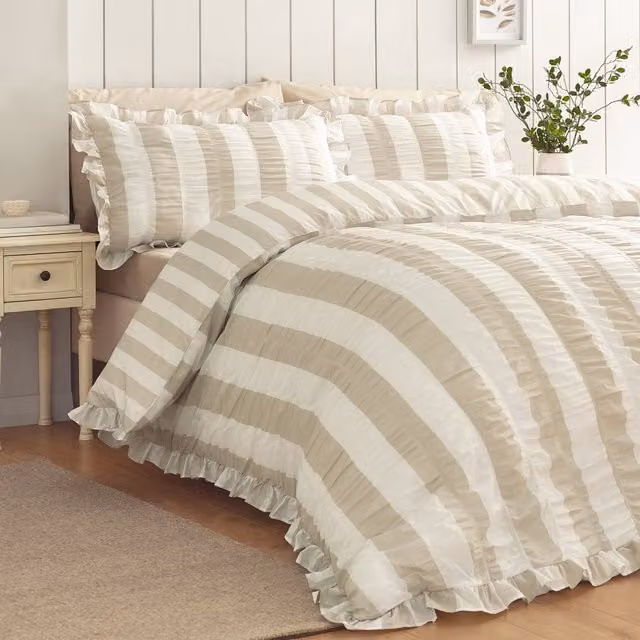 Catherine Lansfield Seersucker Frill Striped Duvet Cover Bedding Set in Beige