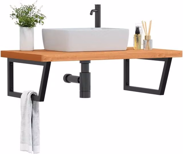 Berkfield Home Wall Mounted Basin Shelf in Brown Steel and Solid Beech Wood