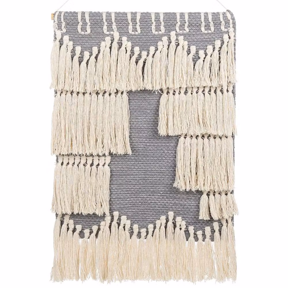 Wyld and Coco Handwoven Cotton Geometric Wall Hanging in Grey and Beige with Tassels – 2