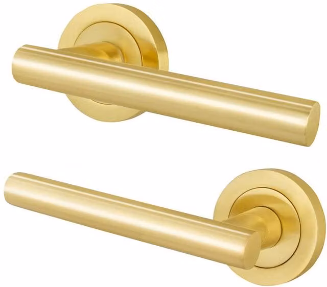 AFIT Satin Brass T-Bar Internal Lever Door Handles with Round Rose, Gold, 1 Pair