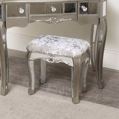 Melody Maison Tiffany Range Ornate Mirrored 3 Drawer Dressing Table, Stool and Mirror Bedroom Furniture Set in Metallic Silver – 2