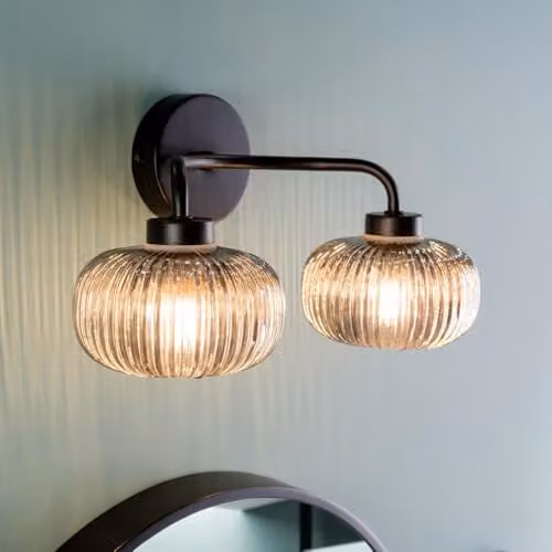 ValueLights Amaia Pair of Matte Black IP44 Rated 2 Way Up and Down Wall Lights with Smoked Grey Ribbed Glass Shades – 2