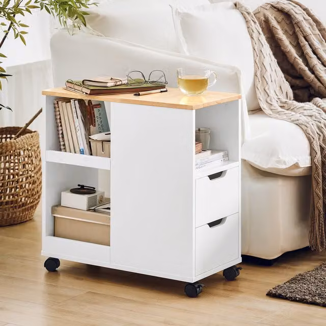 Sobuy Scandinavian Style White and Natural Rubberwood Storage Cabinet on Castors