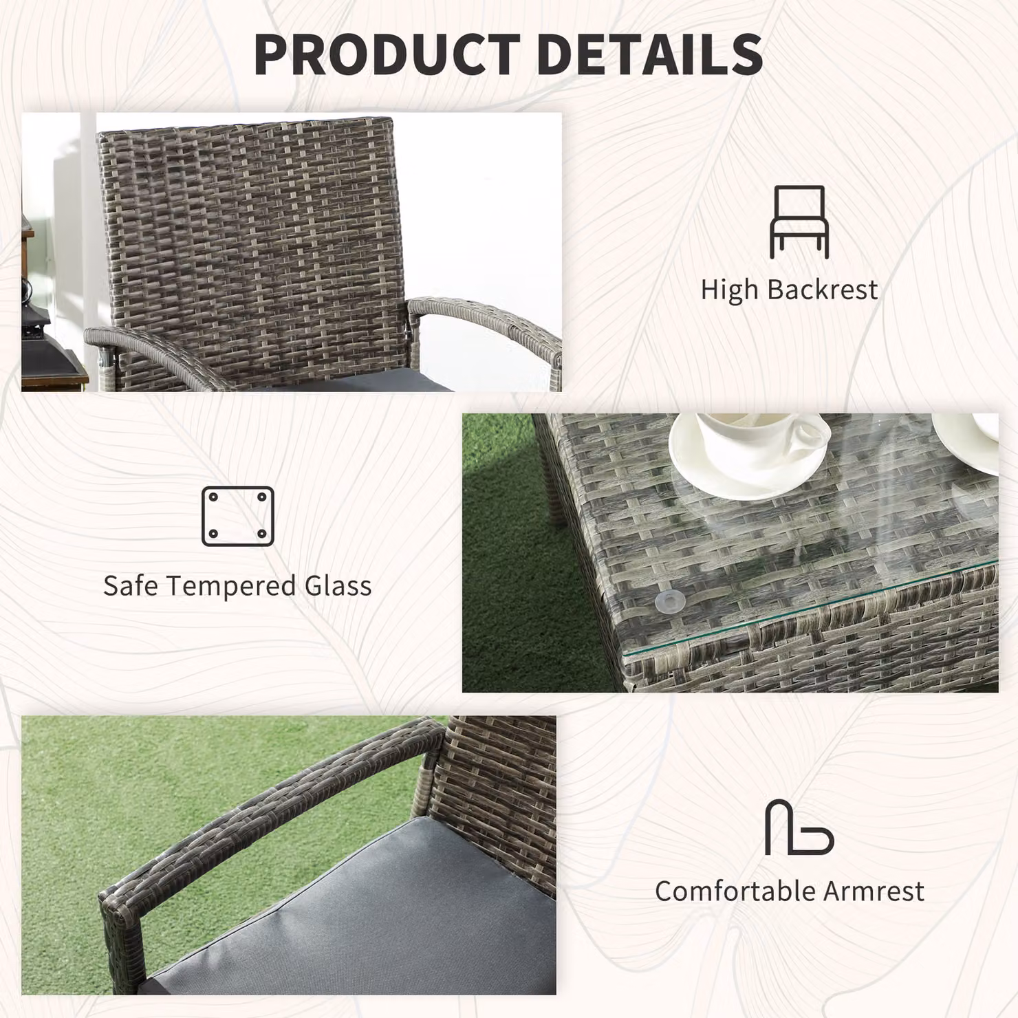 Outsunny 3 Piece Outdoor Rattan Bistro Set in Mixed Grey with Glass Coffee Table and Cushioned Chairs – 5