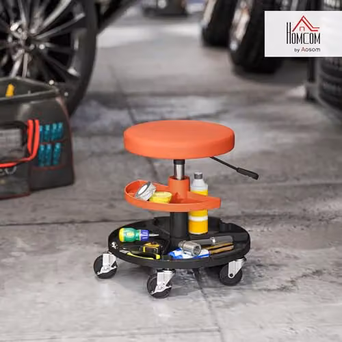 HOMCOM Rolling Mechanic Stool with Synthetic Leather Seat and Castors, Yellow/Orange – 2