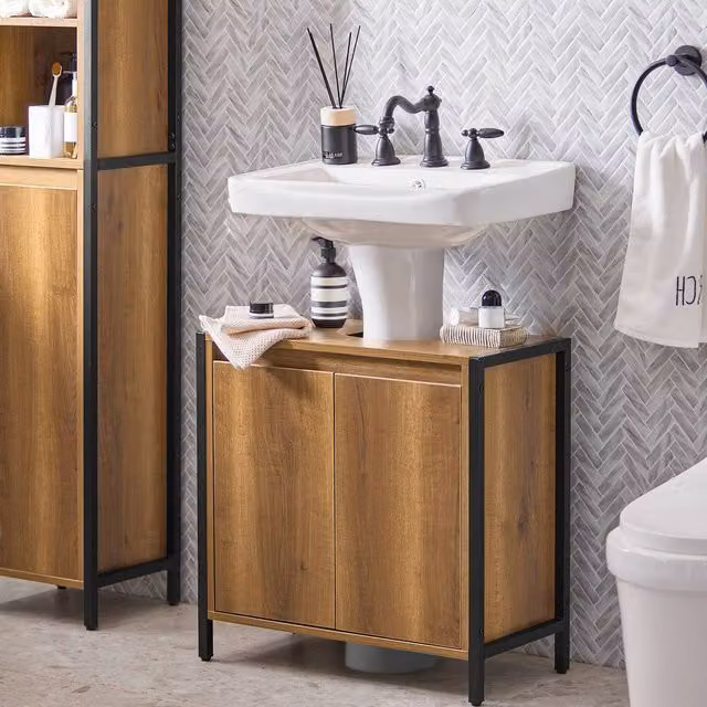 SoBuy Industrial Under Sink Cabinet in Brown and Black with Hinged Doors and Internal Shelves, W: 60 cm, H: 60 cm, D: 60 cm – 1