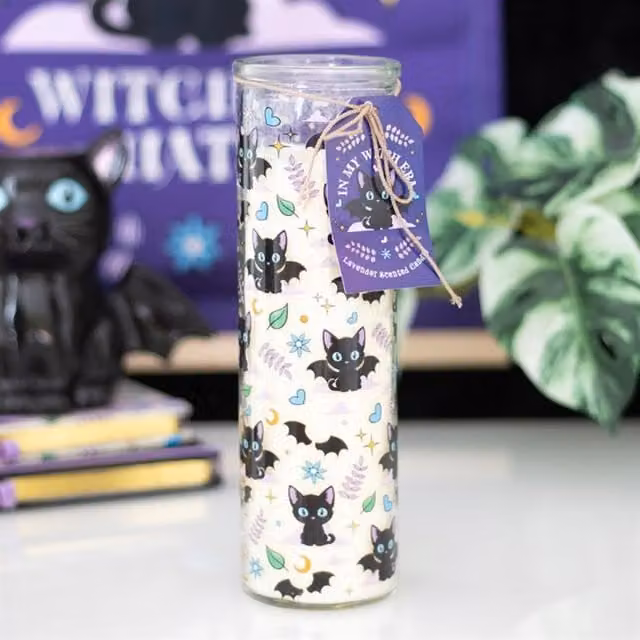 KDMK Gothic Cat Print Lavender Taper Candle, Multicolour