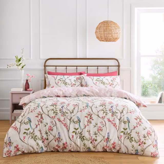 Divante Cherry Blossom Birds Floral Duvet Set in Pink and White, 140 x 200 cm