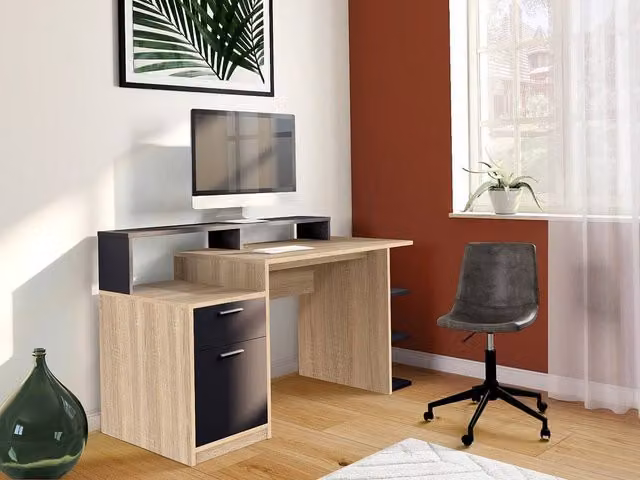 Vente-unique Zacharie Writing Desk with Storage in Oak and Black, W: 120 cm, D: 60 cm, H: 76.5 cm – 1