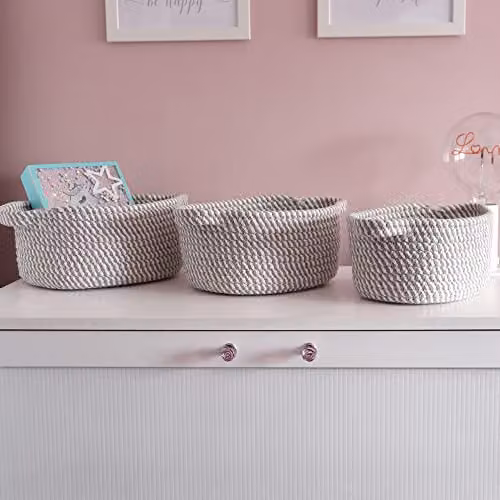 JVL Edison Oval Cotton Rope Storage Basket Set of 3 in Grey and White – 3