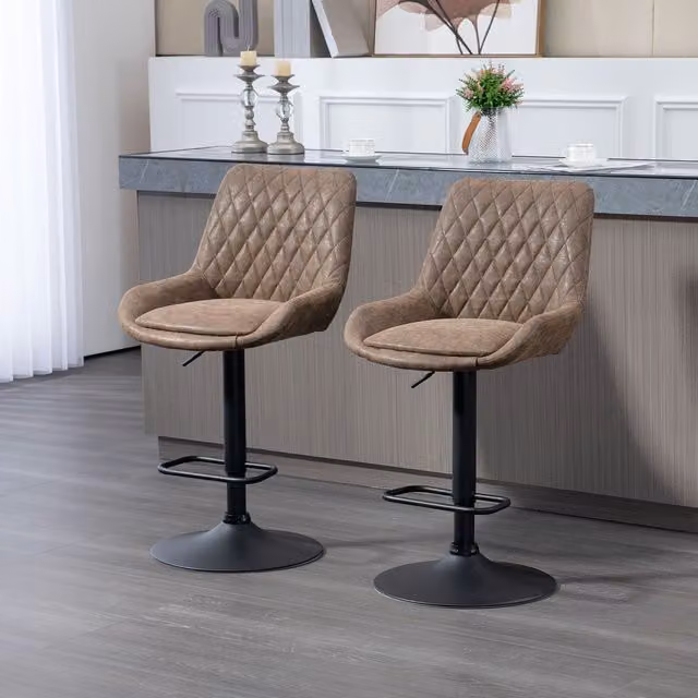 HOMCOM Set of 2 Padded PU Leather Bar Stools with Metal Base, Brown – 1