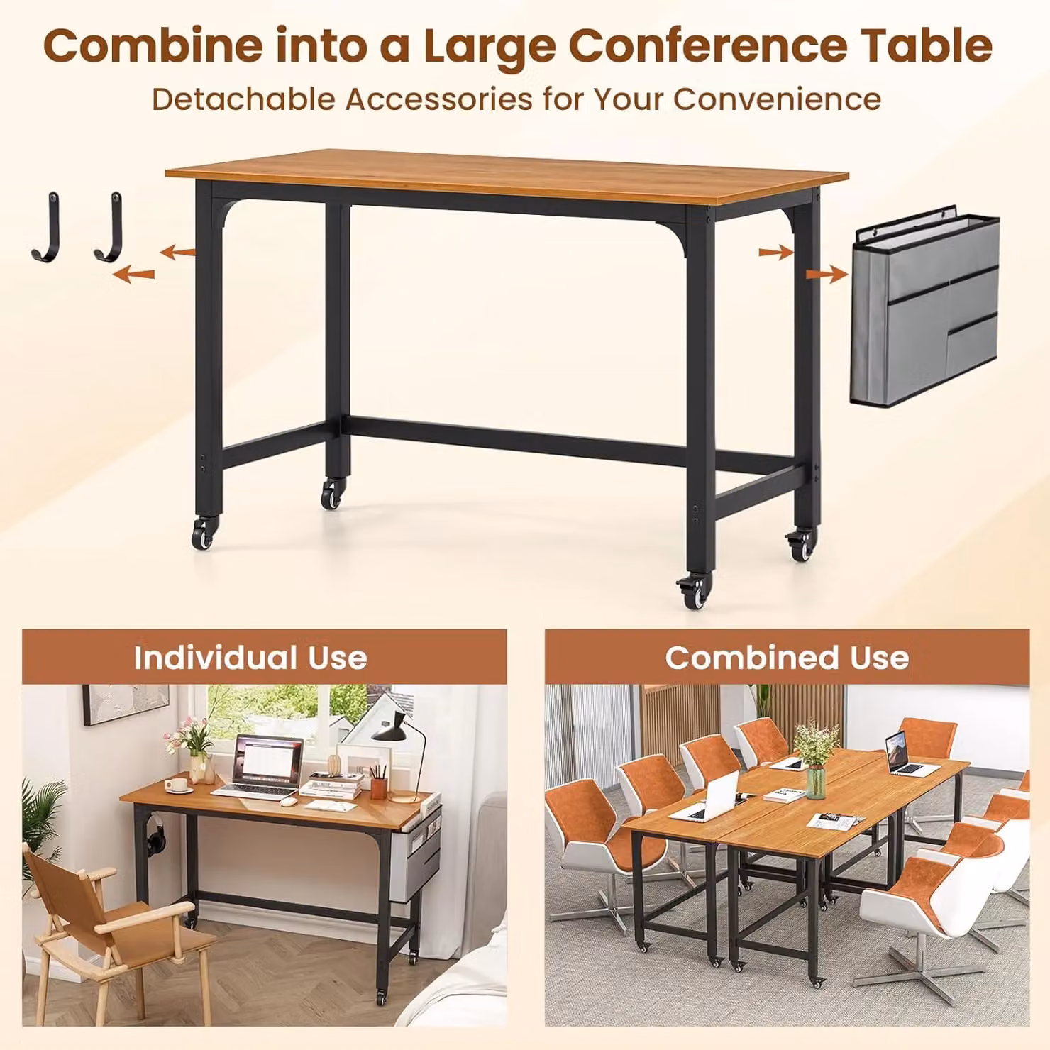 Gymax Rolling Computer Desk with Lockable Castors and Detachable Bag in Brown – 3