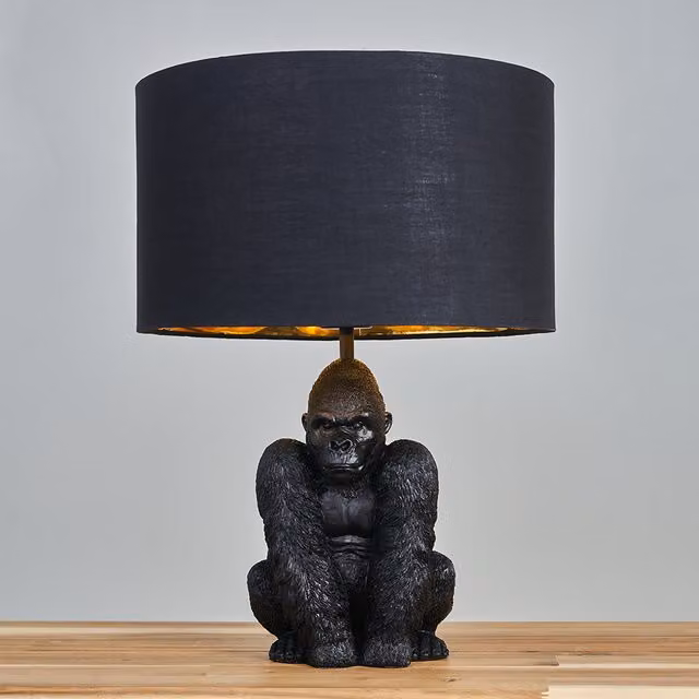 ValueLights Sitting Gorilla Table Lamp in Black and Gold/Brass with Fabric Cylinder Shade, Height: 48 cm