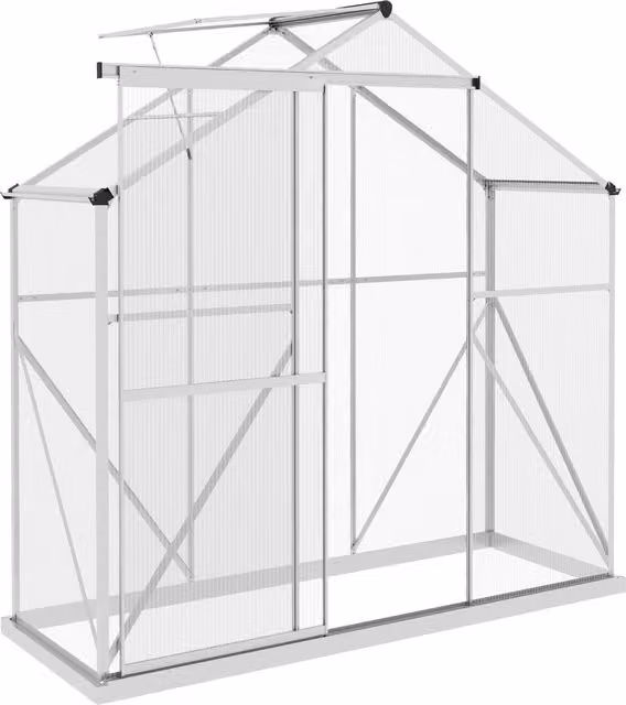 Outsunny Silver Polycarbonate Walk-In Greenhouse with Sliding Door, Window, Rain Gutter and Foundation, W/D/H: 182.88 x 76.2 x 200 cm